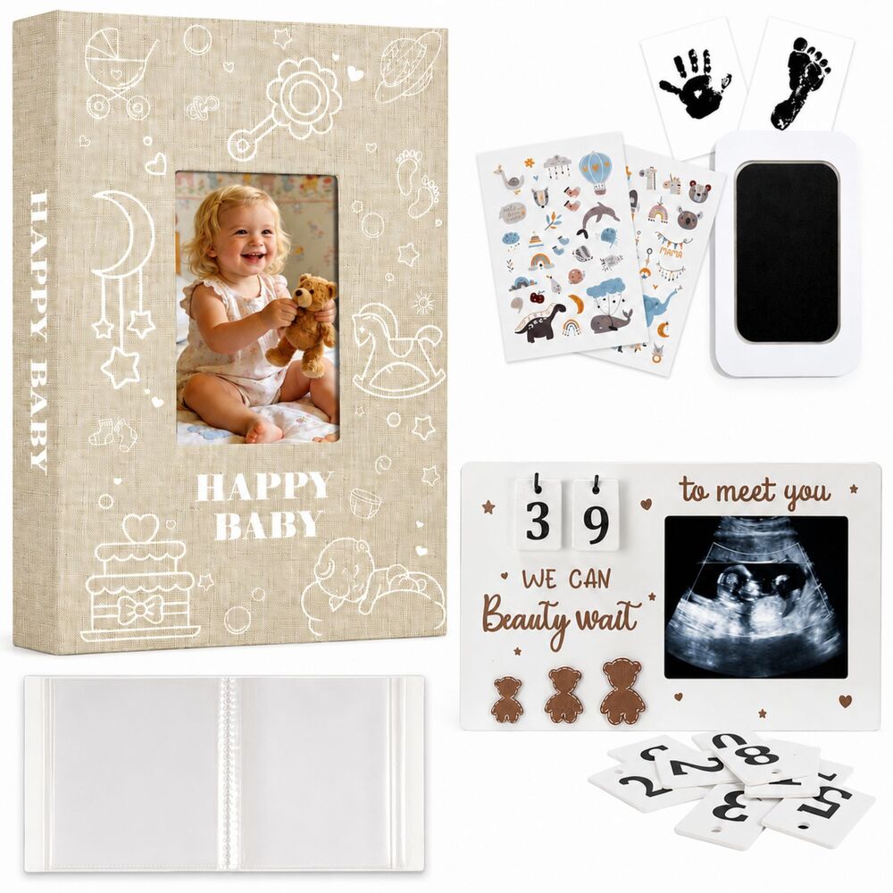 4Pcs New Mom Baby Keepsake Bundle Photo Albums Frame, Print Kit + Bonus Stickers